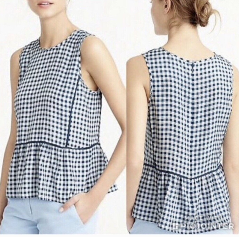 J Crew Silk Gingham Peplum Top Blouse Womens 8 Blue White F2668 SLEEVELESS